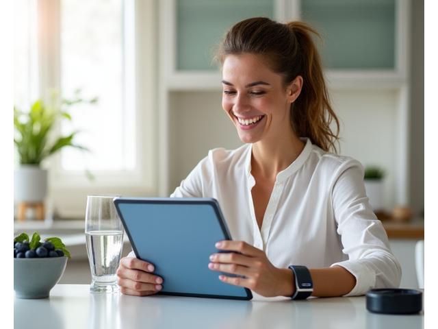 Woman happily interacting with a health assessment interface on a tablet, with vibrant, fresh vegetables and a fitness tracker nearby. The scene is bright, modern, and conveys vitality.