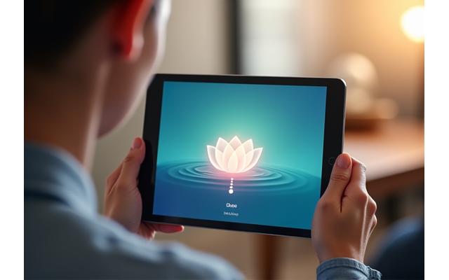 Woman using a meditation app on a tablet with calm lights